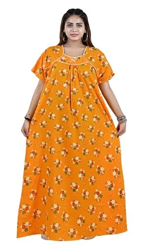 Bejod's Collection Women's Yellow Nighty Cotton Maxi Nightdress – Printed Floral Full-Length Nightgown, Plus Size Loose Fit Sleepwear Summer Nightwear for Women XL-3X (Yellow, XXL)