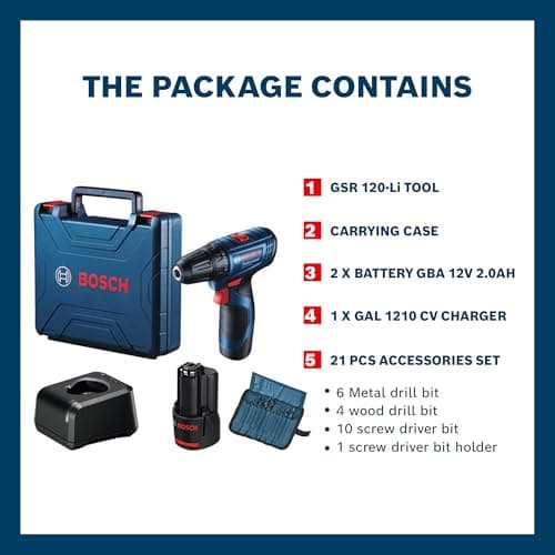 BOSCH GSR 120-Li Professional 12V Cordless Drill Driver Kit |10mm Chuck Size| No-load Speed (1st/2nd)- 0-400/0-1500 RPM | Torque (Hard/Soft)- 30/14 Nm | 2 Batteries Included| 1 Yr Warranty 2