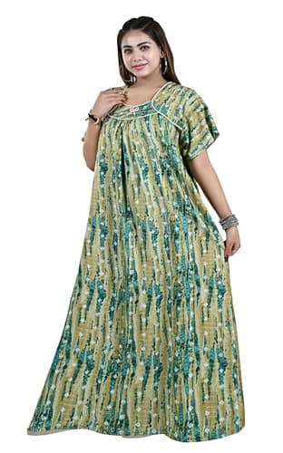Bejod's Collection Women Cotton Nighty Maxi Nightdress – Printed Floral Full-Length Nightgown, Plus Size Loose Fit Sleepwear XL-3XL Summer Nightwear for Women (Green, XXL) 3