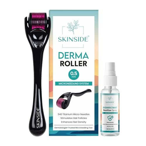 SKINSIDE Derma Roller for Hair & Beard Growth | 540 x Titanium Microneedles Roller for Hair | For Men & Women | With Protective Case & Sanitizer 30ml (0.5 mm)