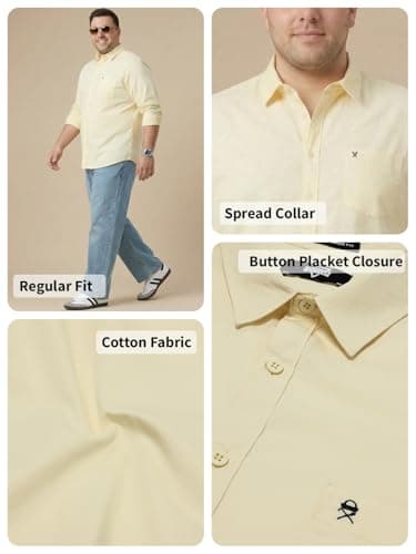 Thomas Scott Men’s Regular Fit Solid Casual Shirt | 100% Cotton | Long Sleeve Spread Collar Shirt for Men (TS1075_Yellow_4XL) 3
