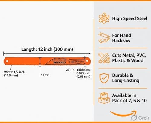 MIRANDA High Speed Steel Hand Hacksaw Blade 12 inch x 1/2 inch x 0.025 inch 18 TPI Orange Pack of 2 for Metal and Plastic Cutting 2