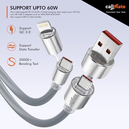 callmate Hyper Sonic 4 in 1 60W PD Fast Charging Cable, USB-A & Type-C to Type-C/Lightn-ing, Multi Charging Cord with Data Transfer, Compatible with iPhone, Android & USB-C Devices (Grey, 1.5M) 3
