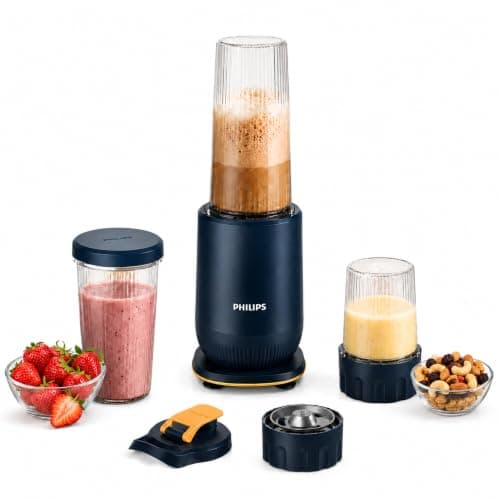 Philips HR2613/00 Mini Blender | 2 Blending Blades & 1 Frothing Blade | ProBlend Technology | 3 Unbreakable Food-Grade PC Jars | Blend & Carry | Smoothies, Protein Shakes, Cold Coffee & More (Blue)