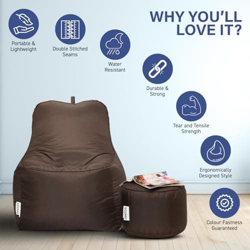 Amazon Brand - Solimo 4XL All Weather Water Resistant Lounger Bean Bag Combo with Footrest & Cushion, Filled with Beans | Multifunctional Pocket| Capacity: Upto 6'5'' Height, 125 KG Weight | Brown 4
