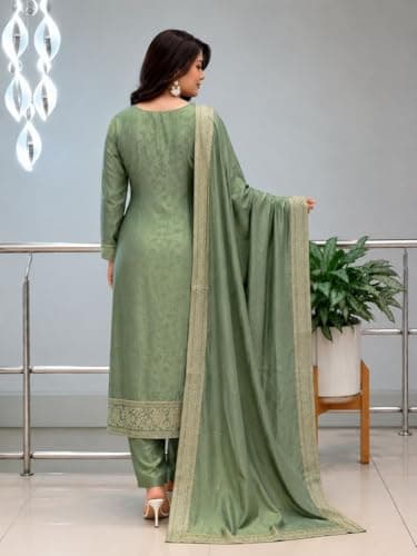 VASTRA SAILI by Women's Pure Malay Glass Tissue with Kanjivaram Handwork Nack Kurta Pent with Dupatta Suit Set. (IN, Alpha, L, Regular, Mint-Green) 3