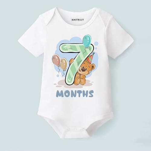 KNITROOT Monthly Birthday Teddy Special Newborn Baby White Color Half Sleeve Unisex 100% Cotton Romper, Sleepsuit, Body Suit, Envelope Neck, 7 Months Print, 6-9 Months, Infant Cloth for Boys & Girls 4