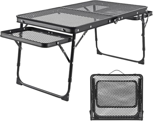 MUGATH Portable Folding Camping Table, Adjustable Height Aluminum BBQ Table with Mesh Grill & Dual Wing Panels, Lightweight Picnic Table for Outdoor Cooking, Beach & Garden