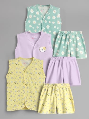 HELLCAT 100% Cotton Jhabla T Shirt & Shorts Matching Co-ords for Babies - Pack of 3 (0–18M, Unisex, Sleeveless)_Yellow/Lavender/Sea Green_0-6Months 2