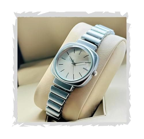 styledose watch's Unique Design Elements (Round face in Square Frame, 5 Color Eddy dials & Belt) Steel Chain Strap Stylish Girls Ladies Fashion Wrist Watches Analog Watch for Women (Silver)