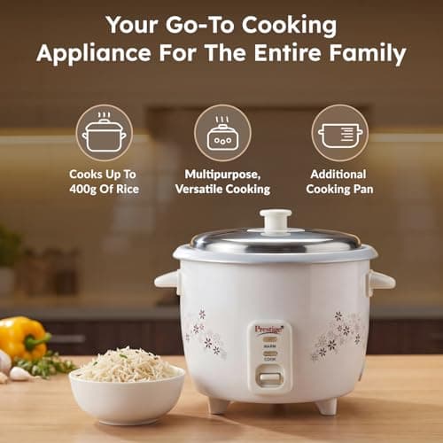 Prestige Delight PRWO 1.0 L Electric Rice Cooker|Detachable power cord|Durable body|Cool touch handles|White| Raw capacity-0.4L|Cooked capacity-1L|Cooks for a family of 2 to 3 members 3