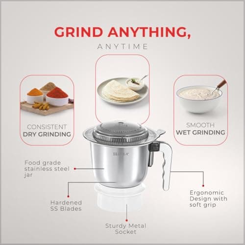 Sujata Dynamix 900 Watts Mixer Grinder | 22000 Rotations Per Min | 90 Minutes Continuous Running | 3 Versatile Jars 1500 ml, 1000 ml and 500 ml (White) 5