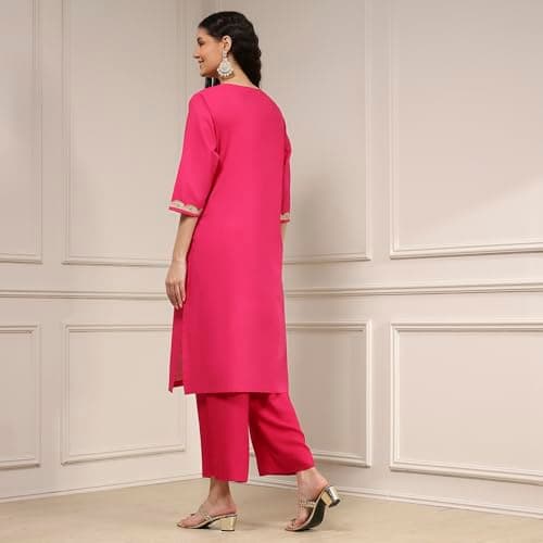 Biba Women Fuchsia Cotton Straight Solid Kurta_34 5