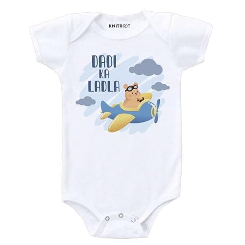 KNITROOT Dada Dadi Family Special Onesies, Unisex Baby Kids Cotton Lycra Envelope Neck Half Sleeve White Romper, Bodysuit, Sleepsuit, Dadi Ka Ladla, 0-3 Months, Infant Cloths for Boys & Girls