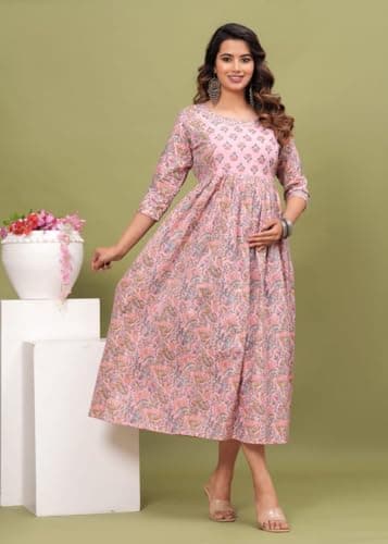 Fit and Flaired Cotton Printed I Maternity I Kurti I Kurta I Gown I Midi I Maxi I Feeding Kurti I for Women (L, Multi-Pink) 3