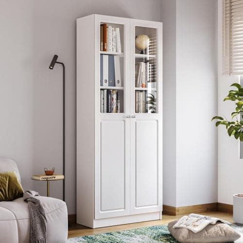 Wakefit Huxley 6 Big Shelves Bookshelf - Glass + Wood Shutter - White Carcass + White Shutters