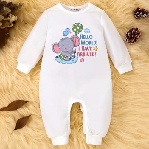 KNITROOT Baby Jumpsuit For Newborn | 0-18 Months Soft Cotton Crew Neck Baby Romper | Hello World I Have Arrived Printed Onesie | 0-3 Months 2