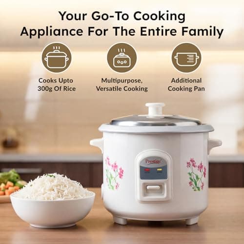 Prestige PRWO 0.6 L Electric Rice Cooker with 2 cooking pans|Detachable power cord|Durable body|Cool touch handles|White| Raw capacity-0.3L|Cooked capacity-0.6 L|Cooks for a family of 1 to 2 members 3
