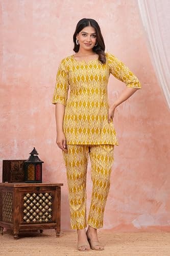 Alpha Women Printed Cotton Co Ord Set for Women Casual & Festive Indo-Western Outfit Kurta Pant Set XL Yellow 4