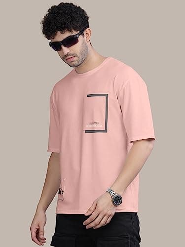 BULLMER Trendy Front Printed Oversized Round Neck T-Shirt for Men - Peach/Medium 5
