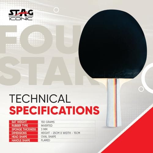 STAG ICONIC 4 Star Table Tennis Racquet for Beginners & Intermediate Players | High Speed & Control with Inverted Smooth Rubber | Flared Handle Shakehand (Red/Black) 2