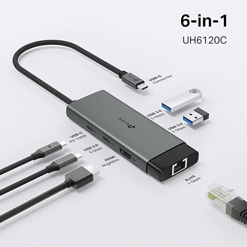 TP-Link USB Type-C 6-Port Hub with a 4K@60Hz HDMI, 1 Gbps ethernet, 1× USB-C Data Ports, 2× USB-A Data Ports, Powerful 100W Fast Charging, Stable Connection, Plug & Play (UH6120C) 3