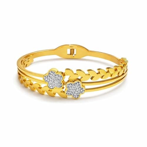 Bracelet for Women Gold Tone, Stylish Crystal Flower Kada for Girls, Designer Leaf Pattern Bangle Free Size with Push Lock, Party Style, Everyday Wear Jewelry Gift for Wife and Girlfriend