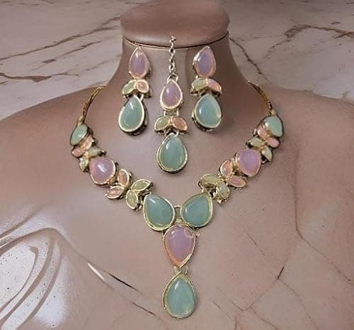 Alloy Multi Stone Necklace Earrings Maangtika Set Adjustable Ethnic Jewellery Women Festive Multi Free Size 4