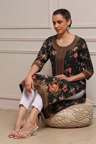 Biba Women Black Cotton Printed Straight Kurta_46 2