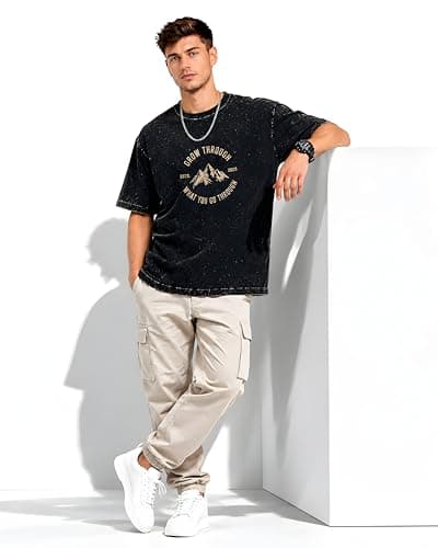 Amazon Brand - Anarva Men’s Oversized Acid Wash T-Shirt | Premium Cotton Relaxed Fit | Drop Shoulder Half Sleeve Casual Streetwear Tee for Men (in, Alpha, 2XL, Regular, Black PRT 5) 2
