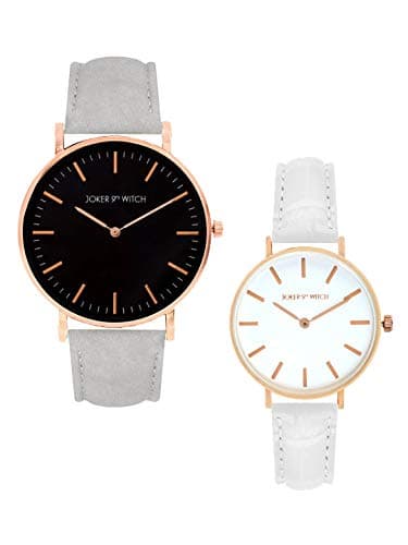 Joker & Witch Faux Leather Unisex Bette & Lina Couple Analog Watch Gift Set For Men And Women, Dial_White, Band_Gold