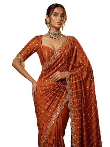 NIRLABH LIZZA Designer Saree for Women with Elegant Star Dot Embroidery Work Soft Fabric Traditional Ethnic Wear Saree with Rich Border & Blouse Piece for Festive Wedding Daily Wear (RUST ORANGE)