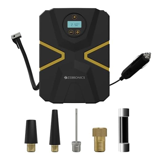 Zebronics Wired Tyre Inflator, 150 PSI, 12V Car Port Adapter, 3m Cable, Digital Display, Accessory Storage, Flashlight, Multiple Nozzles, for Car, Bike, Bicycle, Sports Balls (22TIW)