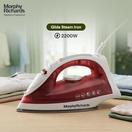 Morphy Richards Glide 1250W Steam Iron with Steam Burst, Vertical and Horizontal Ironing, Non-Stick Coated Soleplate, White and Red 2