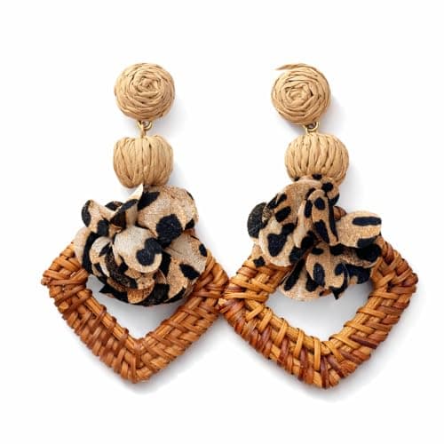 Detroja Leopard Print Rattan Diamond Drop Earrings, Bohemian Statement Style, Natural Raffia, Floral Accent, Large