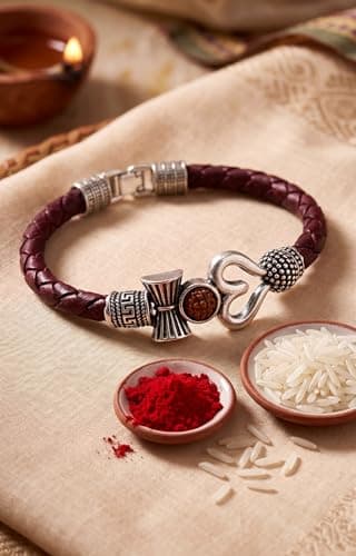 Soni Jewellery Trishul Damru Om Rudraksha Beads Silver Plated Mahakal Shiva Genuine Leather Bracelet Brown Dyed Rope Wrist Band Bahubali Kada Bracelet Rakhi Gift for Brother for Unisex Adult | pack of