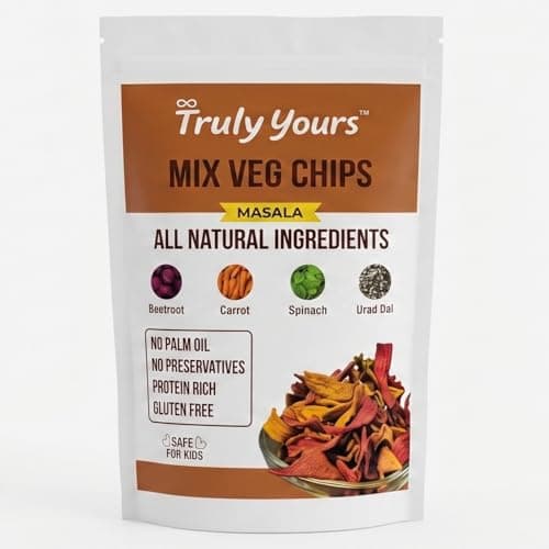 Truly Yours Mix Veg Chips Masala | Healthy Vegetable Chips Snack Made with Beetroot, Carrot, Spinach & Methi Dana | Gluten Free | No Palm Oil | No Preservatives | Crunchy Kids & Tea Time Snack