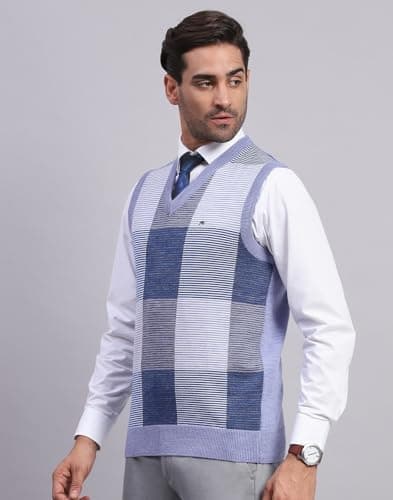Monte Carlo Mens Self Design Blue V Neck Sleeveless Sweater (1243357SL-2-40) 2