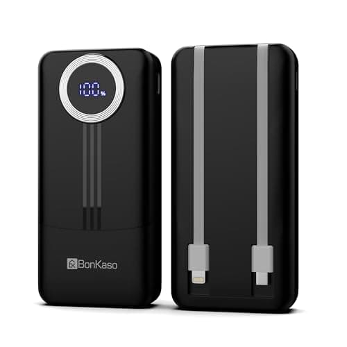 BonKaso 10000mAh Power Bank 22.5W PD Fast Charging with Built-in 2-in-1 Type C & Lightning Cable, Digital Display, Dual USB Output, Compact Portable Charger for Android, iPhone, Tablets – Black