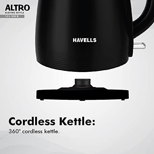 Havells Electric Kettle Altro 1250 Watts 1.5 liters, Double Layered Cool Touch Outer Body | 304 Rust Resistant SS Inner Body with Auto Shut Off | Wider Mouth | 2 Yr Manufacturer Warranty (Black) 4