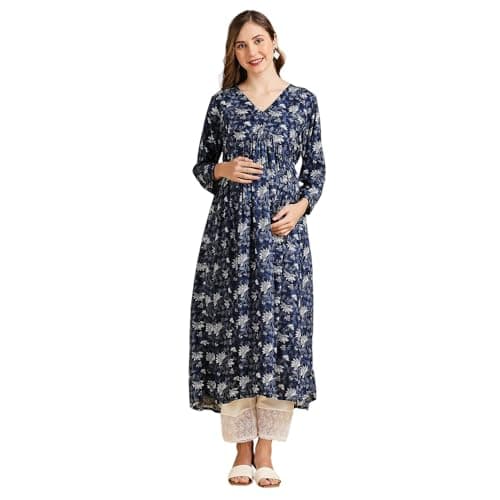 MomToBe Women's Rayon Maternity Kurta/Pregnancy Kurti/Easy Breastfeeding Kurta with Zippers for Nursing Pre and Post Pregnancy (Dark Blue :: X-Large)