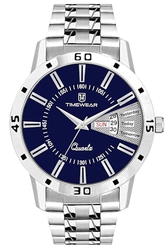 TIMEWEAR Formal Day Date Watch Collection Stainless Steel Analog Men's Watch (Blue Dial Silver Colored Strap) 3