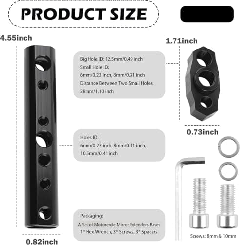 Motorcycle Mirror Extenders for 8mm & 10mm,Motorcycle Mirror Mount with Multi Mounting Holes,Multi-Purpose Motorcycles Handlebar Mount for Fixing Mirrors,Spotlights,Phone Holders (Black) 2