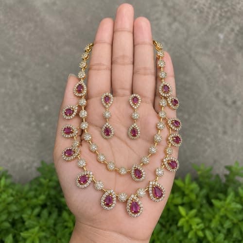 Dvina Glow Gold Plated American Diamond Necklace Set for Women | Ruby Pink Teardrop Stone CZ Necklace with Earrings | Bridal Jewellery Set for Wedding, Festive, Engagement, Traditional Indian Jewelry 5