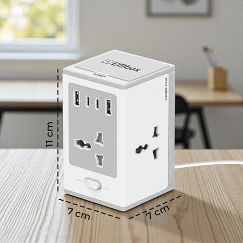 Embox 8-in-1 Gan Charger 30W Fast Charger | Type C USB 4 AC Sockets (2500W) Wireless Fast Charging | Multi-Port Desktop Charger for Laptop, iPhone, Android, Portable Charging Station, 5meter 5