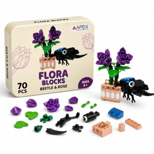 Flora Blocks Building Blocks Collection, Flower & Insect Building Set, Botanical Construction Toy, STEM Educational Gift, DIY Desk Decor for Kids and Adults Ages 6+ (Beetle & Rose)