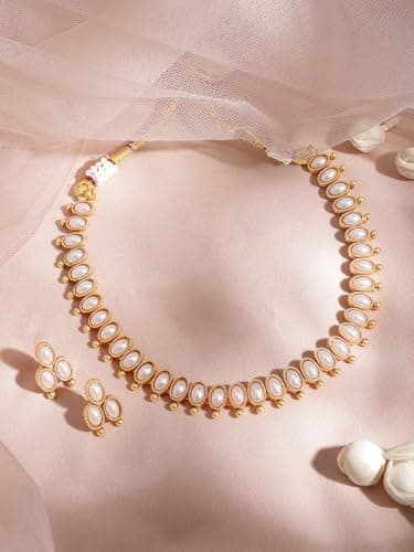 Rubans 22K Gold-Plated Handcrafted Artificial Jewelry Oval Choker Set with Pearl Studded And Matching Earrings For Women and Girls – Perfect for Weddings and Special Occasions 3