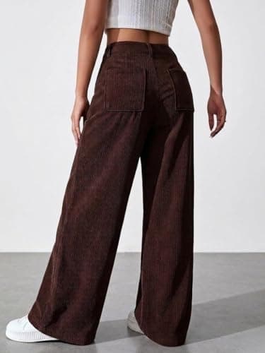 SMOWKLY Women's Corduroy Mid Rise Wide Leg Sweatpant with Pocket || Loose & Relaxed Fit Casual Korean Baggy Trousers for Woman Elegant Workwear for Office, College & Events(1678_PCH_XL/1678_BRN_XL) 3