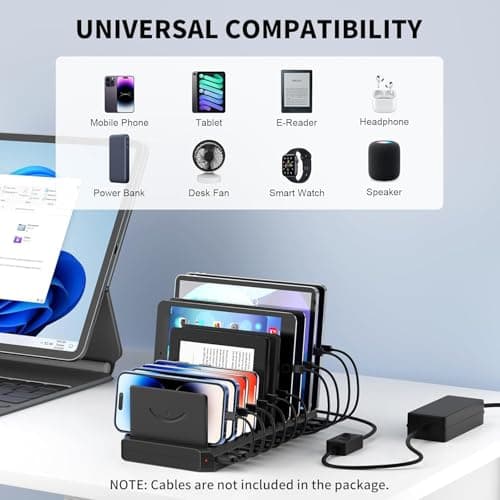 WeFly 60W USB Charging Station, 10 Ports Multi Charging Station with Adjustable Dividers and Smart IC, Multiple Device Charger Station for Cell Phones, Tablets, and Other Electronics 4