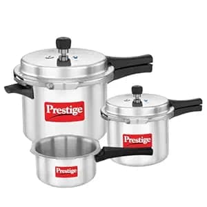 Prestige 2 Litre + 3 Litre + 5 Litre Aluminium Popular Max Outer Lid Pressure Cooker Combo with 2 Lids | Gas & Induction Compatible | Visual Pressure Indicator | Gasket Release Sys | 5Y Warranty | ISI